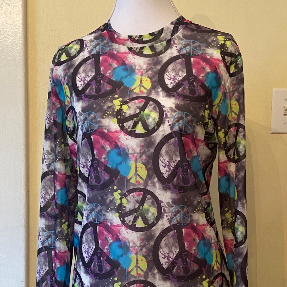 Peace Sign Long-Sleeve Tee mesh shirt neon womens medium new one24 boutique tts